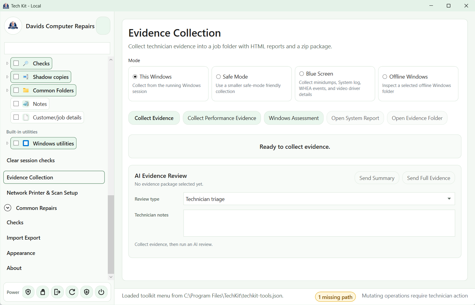 David’s Tech Kit evidence collection screen, with options for running Windows, Safe Mode, blue screens, offline Windows and performance checks