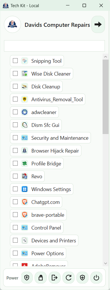 David’s Tech Kit menu showing a selection of diagnostic and repair tools